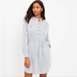 LOFT Blue Pinstripe Long Sleeve Shirt Dress